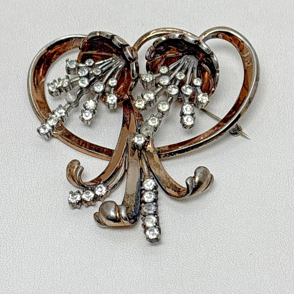 Pennino Brooch Sterling Silver Floral Spray Rhinestone Vintage Pin Signed MCM‎